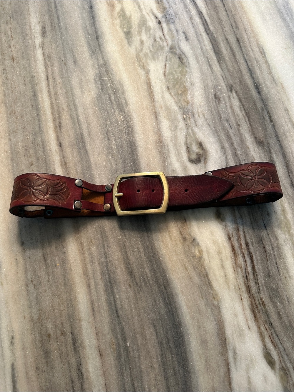 Vintage hand tooled leather belt with brass buckle